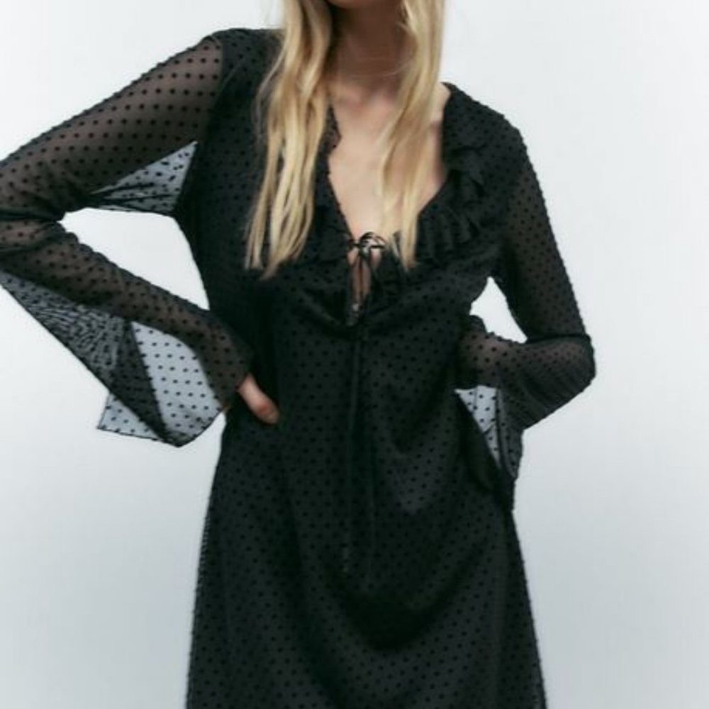 Zara Black Ruffled Flocked Dress Small NWT